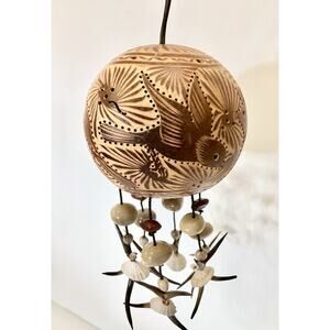 Vtg Coconut Shell Hanging Wind Chime Lamp Light - Etched Flora Fauna & Nature